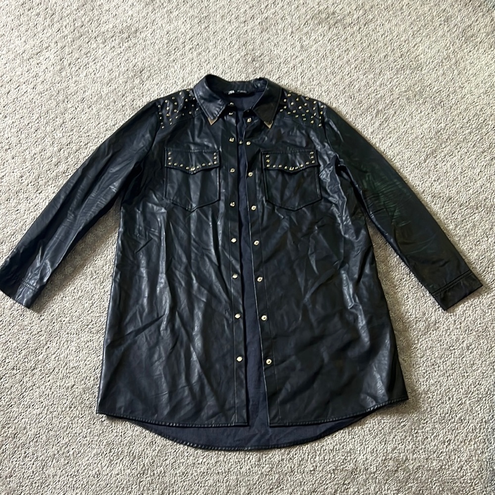 Zara faux leather studded button shirt with collar